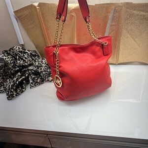 Michael Kors Red Shoulder Bag with Gold Accents
